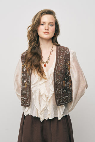 Kadın Etnik Işıltı El İşçiliği Boncuk ve Nakış İşlemeli Liyosel Crop Yelek