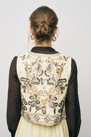 Kadın Etnik Işıltı El İşçiliği Boncuk ve Nakış İşlemeli Liyosel Crop Yelek