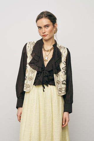 Kadın Etnik Işıltı El İşçiliği Boncuk ve Nakış İşlemeli Liyosel Crop Yelek