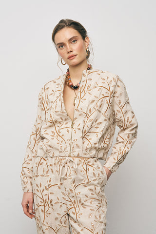 Kadın Botanical Line Nakış İşlemeli Fermuarlı Bohem Crop Ceket