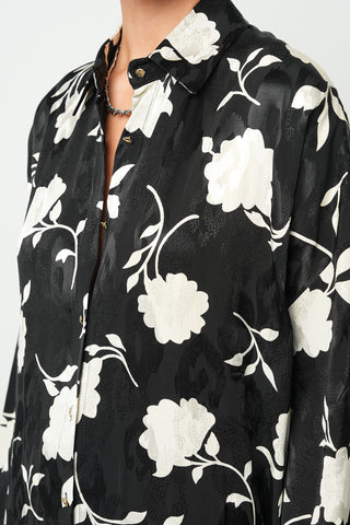 Kadın Modern Çiçek Desenli Siyah - Beyaz Uzun Tunik Gömlek