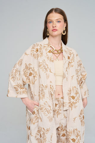 Kadın Büyük Çiçek Nakışlı Payet İşlemeli Uzun Kimono
