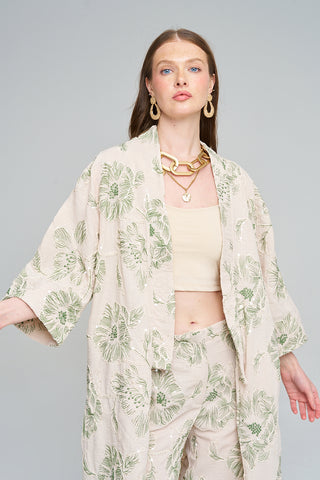 Kadın Büyük Çiçek Nakışlı Payet İşlemeli Uzun Kimono