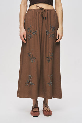 Kadın Yaprak İşlemeli Bağcık Detaylı Maxi Boy Etek