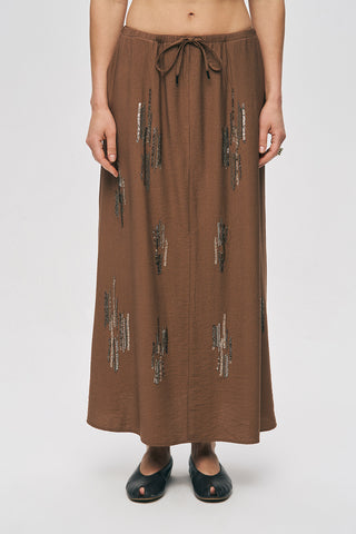 Kadın Glow Payet Ve Boncuk İşlemeli Beli Bağcıklı Maxi Etek