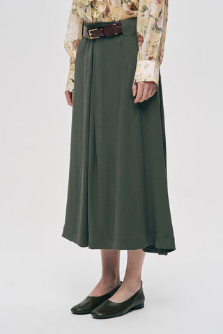 Kadın Kemerli ve Pileli Düz Renk Midi Etek