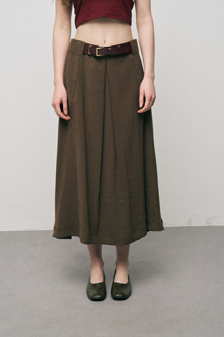 Kadın Kemerli ve Pileli Düz Renk Midi Etek