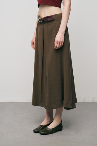 Kadın Kemerli ve Pileli Düz Renk Midi Etek