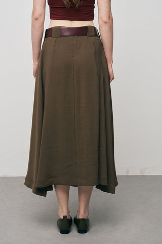 Kadın Kemerli ve Pileli Düz Renk Midi Etek