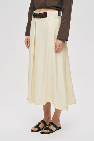 Kadın Kemerli ve Pileli Düz Renk Midi Etek