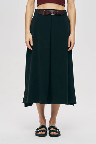 Kadın Kemerli ve Pileli Düz Renk Midi Etek