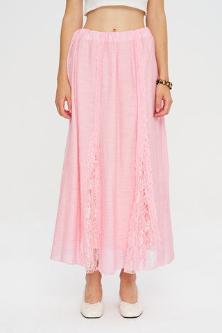 Kadın Beli Lastikli Dantel Şeritli Dökümlü Pembe Maxi Etek