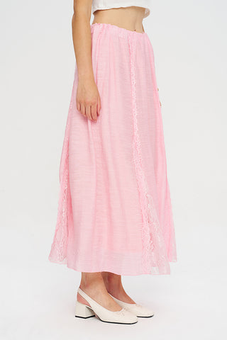 Kadın Beli Lastikli Dantel Şeritli Dökümlü Pembe Maxi Etek