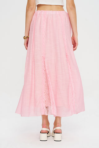 Kadın Beli Lastikli Dantel Şeritli Dökümlü Pembe Maxi Etek