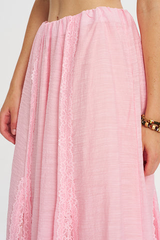 Kadın Beli Lastikli Dantel Şeritli Dökümlü Pembe Maxi Etek