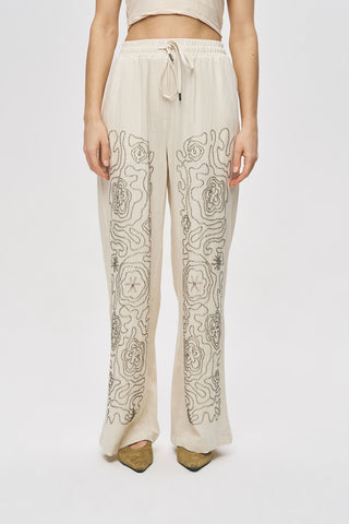 Kadın Etnik Nakışlı Viskon-Keten Bol Paça Pantolon