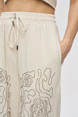 Kadın Etnik Nakışlı Viskon-Keten Bol Paça Pantolon