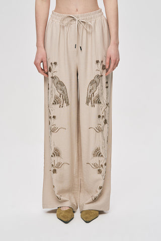 Kadın Oriental Kuş ve Çiçek Boncuk İşlemeli Dökümlü Palazzo Pantolon