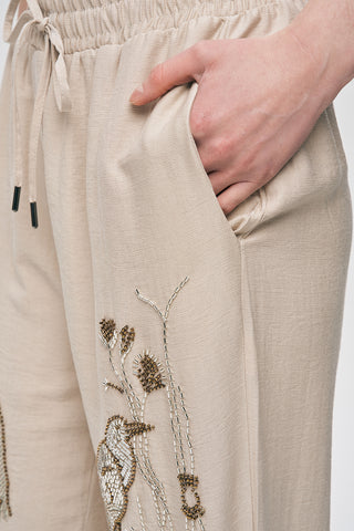 Kadın Oriental Kuş ve Çiçek Boncuk İşlemeli Dökümlü Palazzo Pantolon