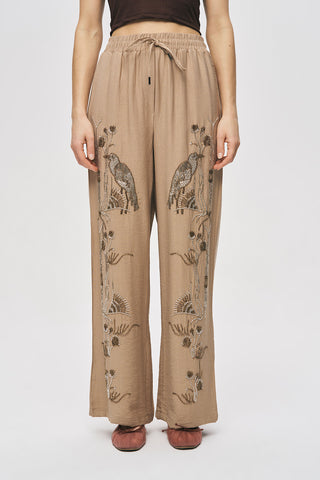 Kadın Oriental Kuş ve Çiçek Boncuk İşlemeli Dökümlü Palazzo Pantolon
