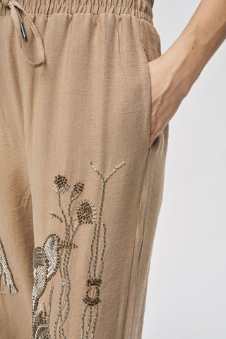 Kadın Oriental Kuş ve Çiçek Boncuk İşlemeli Dökümlü Palazzo Pantolon