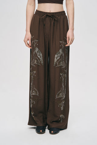 Kadın Oriental Kuş ve Çiçek Boncuk İşlemeli Dökümlü Palazzo Pantolon