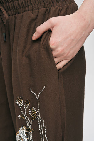 Kadın Oriental Kuş ve Çiçek Boncuk İşlemeli Dökümlü Palazzo Pantolon