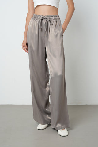 Kadın Beli Lastikli Bol Paça Düz Vizon Renk %100 Rayon Pantolon