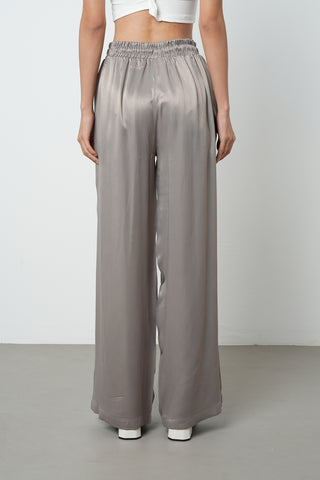 Kadın Beli Lastikli Bol Paça Düz Vizon Renk %100 Rayon Pantolon