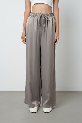 Kadın Beli Lastikli Bol Paça Düz Vizon Renk %100 Rayon Pantolon