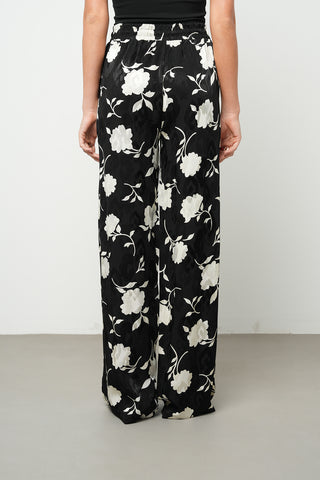 Kadın Modern Çiçek Desenli Siyah - Beyaz Beli Lastikli Palazzo Pantolon