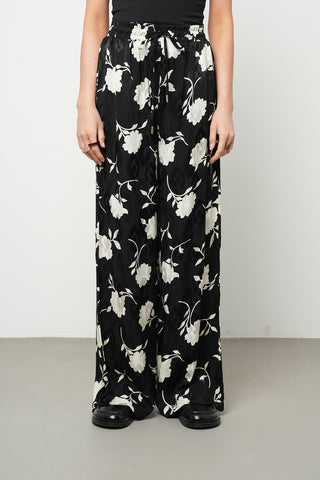 Kadın Modern Çiçek Desenli Siyah - Beyaz Beli Lastikli Palazzo Pantolon