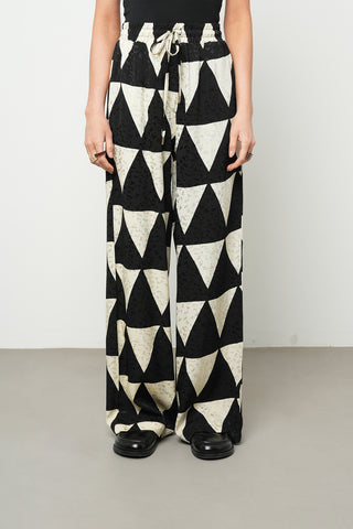 Kadın Geometrik Üçgen Desenli Beli Lastikli Palazzo Pantolon