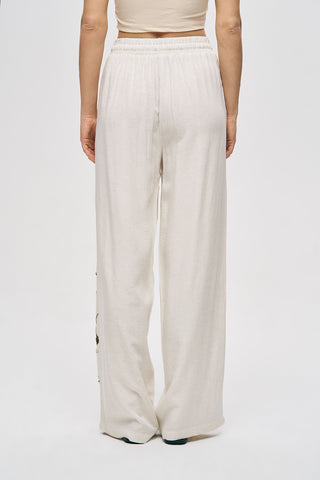 Kadın Çiçek Nakışlı Viskon-Keten Natur Pantolon