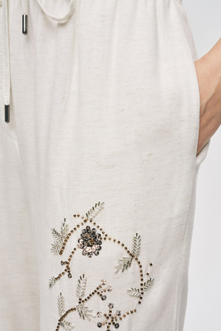 Kadın Çiçek Nakışlı Viskon-Keten Natur Pantolon