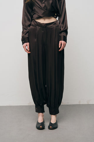 Kahverengi Saten Şalvar Kesim Paçası Manşetli Pantolon