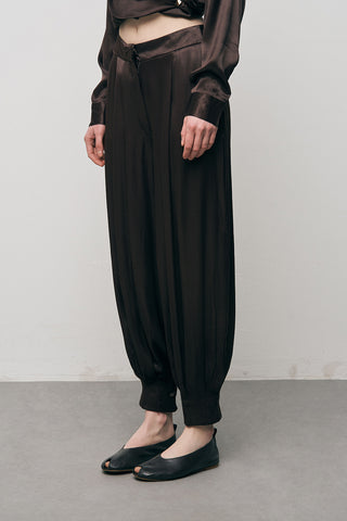 Kahverengi Saten Şalvar Kesim Paçası Manşetli Pantolon