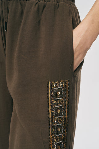 Kadın Zarif Işıltı Yanı Şerit Boncuk İşlemeli Palazzo Pantolon