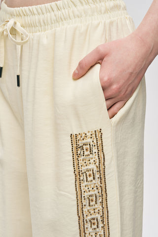 Kadın Zarif Işıltı Yanı Şerit Boncuk İşlemeli Palazzo Pantolon