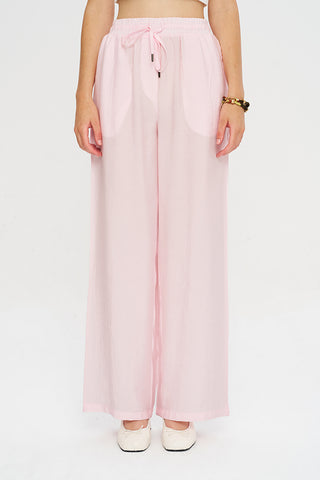 Kadın Beli Lastikli Pudra Wide Leg Pantolon