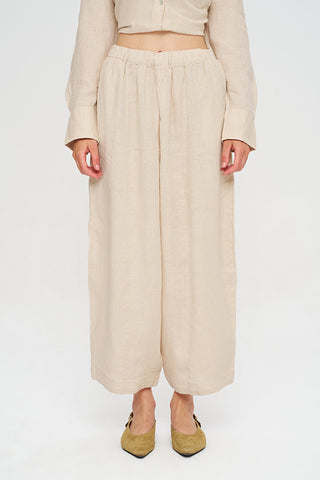 Kadın Beli Lastikli Geniş Paça Rahat Kesim %100 Keten Pantolon