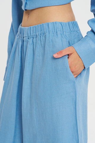 Kadın Beli Lastikli Geniş Paça Rahat Kesim %100 Keten Pantolon