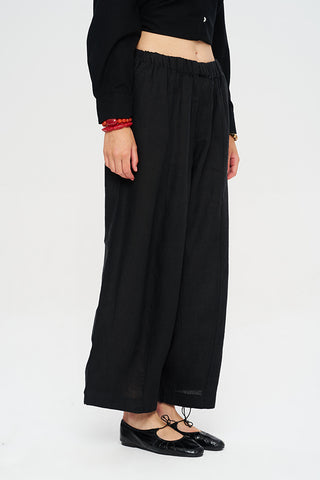 Kadın Beli Lastikli Geniş Paça Rahat Kesim %100 Keten Pantolon