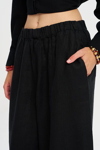 Kadın Beli Lastikli Geniş Paça Rahat Kesim %100 Keten Pantolon
