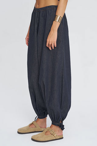 Kadın Beli Lastikli Paçası Bağlamalı Denim Şalvar Pantolon