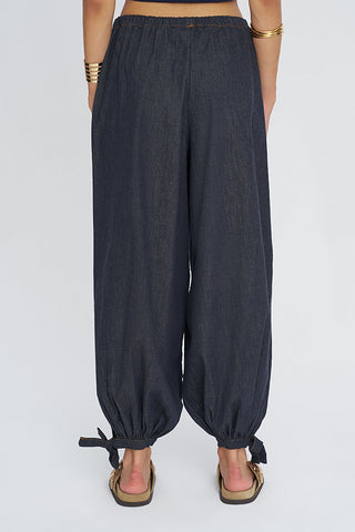 Kadın Beli Lastikli Paçası Bağlamalı Denim Şalvar Pantolon