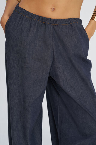 Kadın Beli Lastikli Paçası Bağlamalı Denim Şalvar Pantolon
