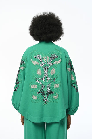 KADIN SIRTI VE KOLU NAKIŞ PAYET İŞLEMELİ OVERSIZE BÜYÜK BEDEN VE TESETTÜRE UYGUN KİMONO CEKET