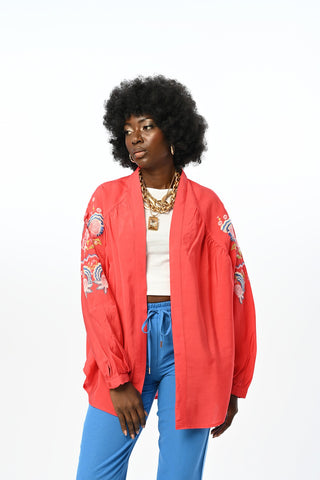 Kadın Arkası Ve Kolları Renkli Çiçekli Nakış Işlemeli Kimono