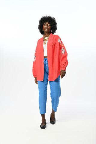 Kadın Arkası Ve Kolları Renkli Çiçekli Nakış Işlemeli Kimono